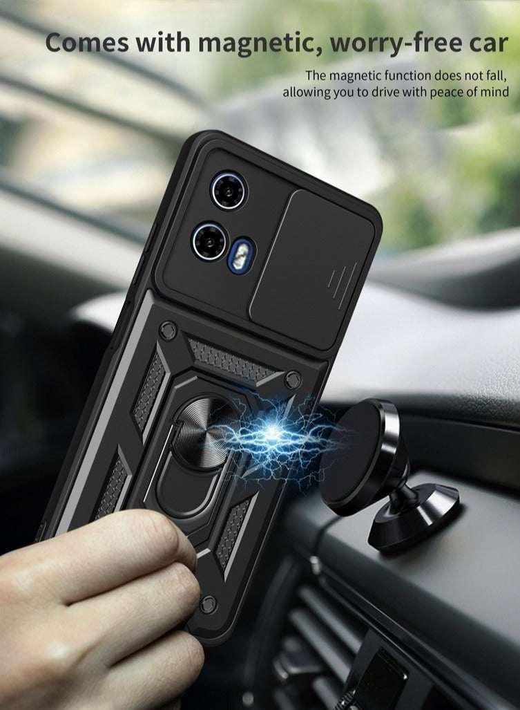 Case Cover for Motorola G04 4G / E14 4G / G04s 4G 4G, Slide Camera Lens Cover, 360°Rotating Kickstand Ring, Support Magnetic Car Mount Shockproof Mobile Phone Case Black - Image 2