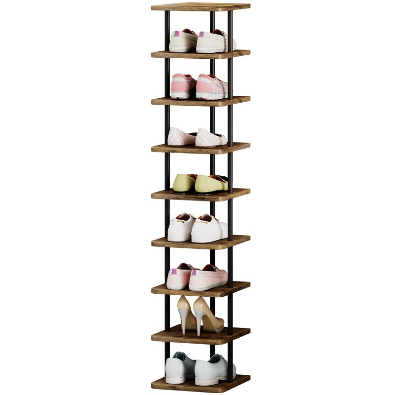 AZERPIAN Shoe Rack 9 Tier Vertical Storage Organizer Narrow Metal Slim Shelf Modern Free Standing Shoe Tower Saving Space for Closet Entryway BedroomBlackRustic Brown