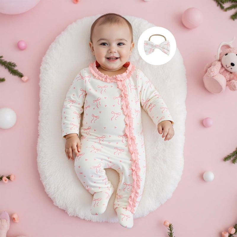 BULINGNA Newborn Baby Girl Outfits Bow Print Jumpsuit Ruffle Zipper Footed One-Piece Romper Cute Fall Winter Baby Outfit (Pink, Newborn) - Image 3