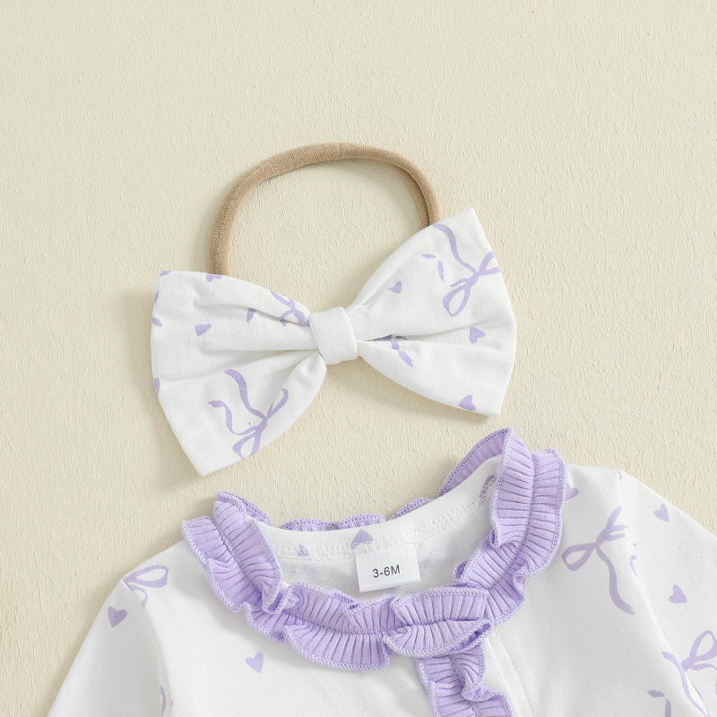 BULINGNA Newborn Baby Girl Outfits Bow Print Jumpsuit Ruffle Zipper Footed One-Piece Romper Cute Fall Winter Baby Outfit (Pink, Newborn) - Image 5