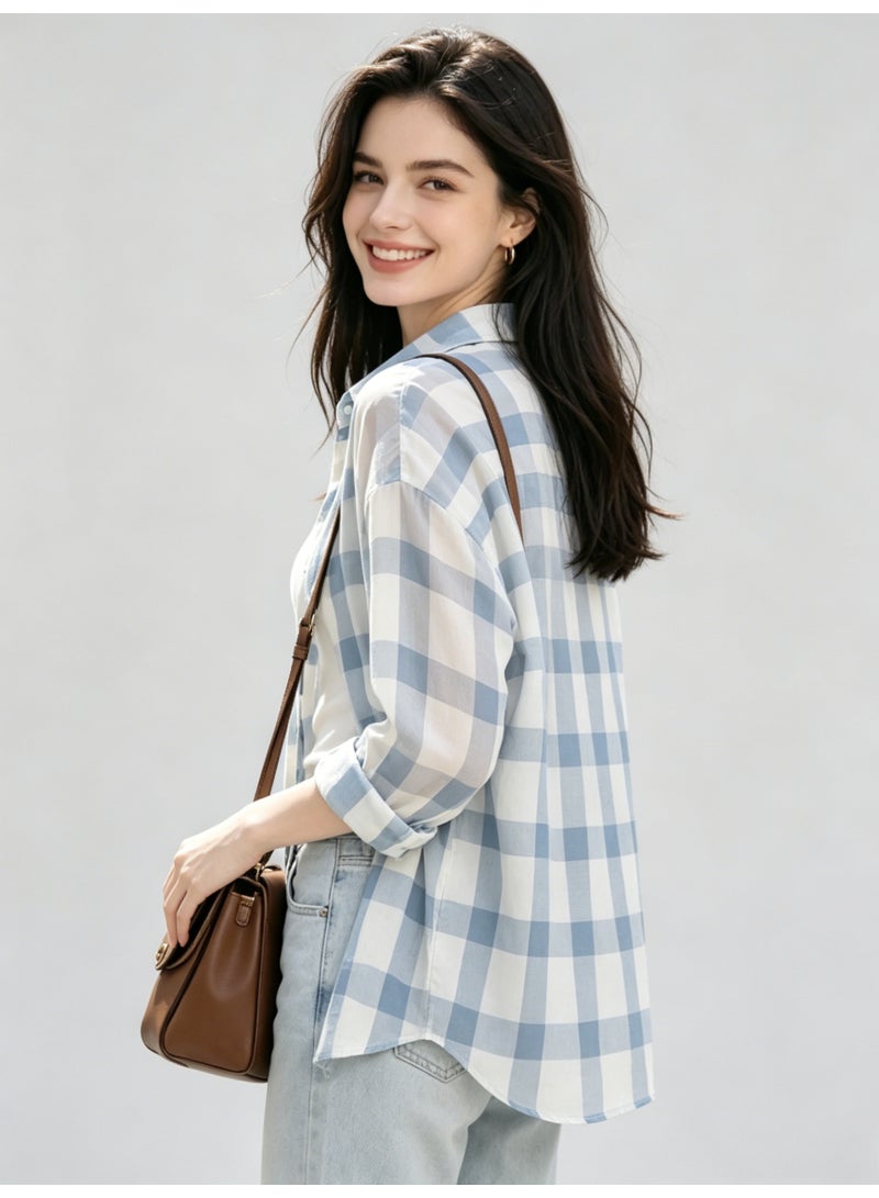 ZARA Women’s Oversized Blue White Plaid Long Sleeve Button Down Shirt - Image 2