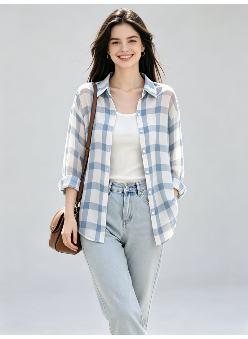 ZARA Women’s Oversized Blue White Plaid Long Sleeve Button Down Shirt - Image 3