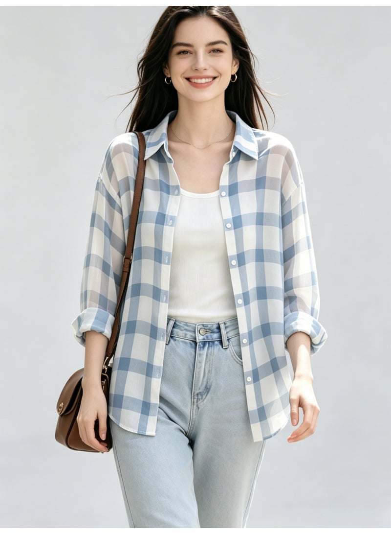 ZARA Women’s Oversized Blue White Plaid Long Sleeve Button Down Shirt - Image 4