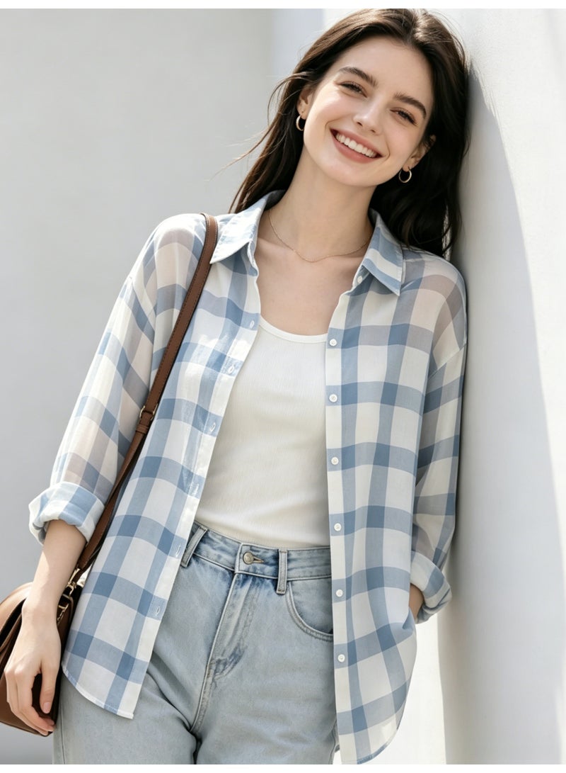 ZARA Women’s Oversized Blue White Plaid Long Sleeve Button Down Shirt - Image 5
