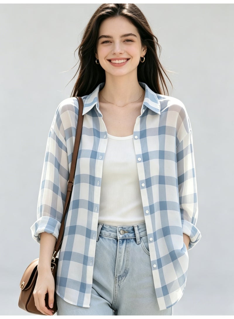 ZARA Women’s Oversized Blue White Plaid Long Sleeve Button Down Shirt - Image 1