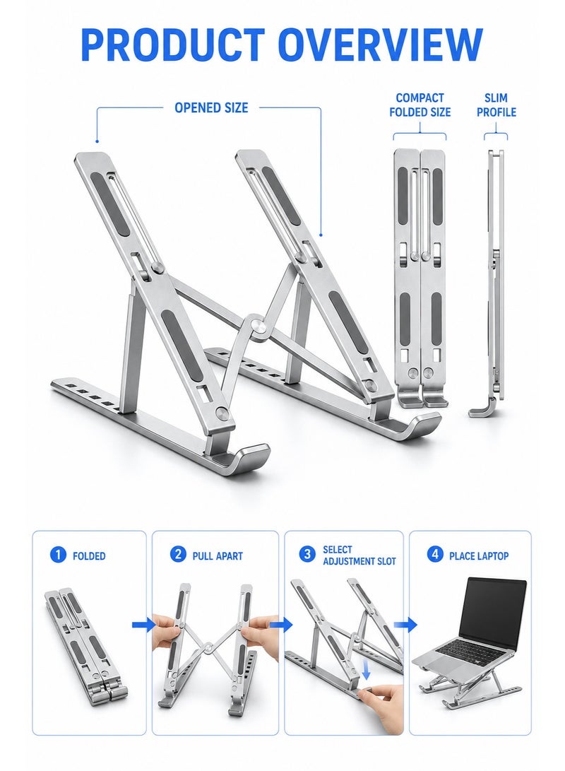 Adjustable Foldable Aluminum Alloy Laptop Stand, Ergonomic Multi-Angle Notebook Riser, Portable Anti-Slip Laptop Holder Compatible with 10-16 Inch Laptops & Tablets - Image 2