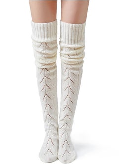 KASTWAVE High Socks for Women Cable Knit Over Knee Boot Socks Long Warm Leg Warmers for Winter Solid Color Hollow Mesh Long Tube Over The Knee Pile Socks Women's Knitted Socks  - Image 1