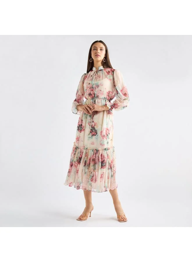 Splash FAV All-Over Floral Print Mandarin Collar Dress with Volume Sleeves and Flounce Hem