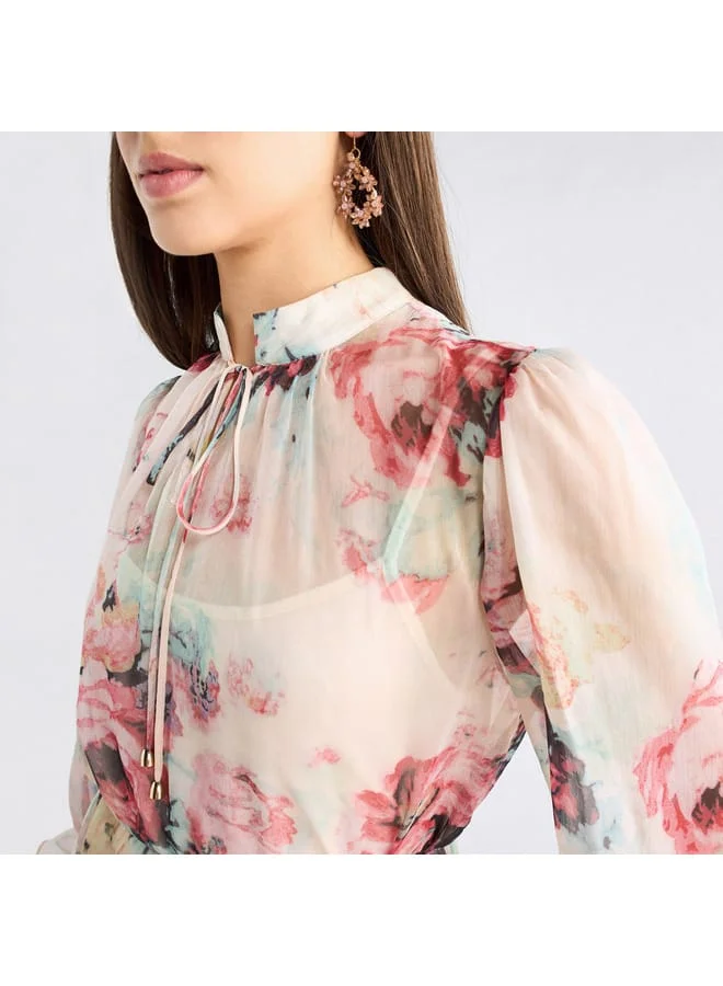 Splash FAV All-Over Floral Print Mandarin Collar Dress with Volume Sleeves and Flounce Hem