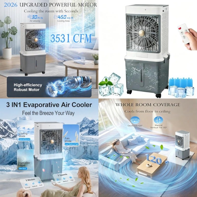 Evaporative Air Cooler Cooling Fan 3 Speeds with Remote Touch Control 120 Oscillating 7H Timer Portable ac Unit w 35L Water Tank with 4 Ice Boxes for Office and Home-Fragrance Model - Image 1