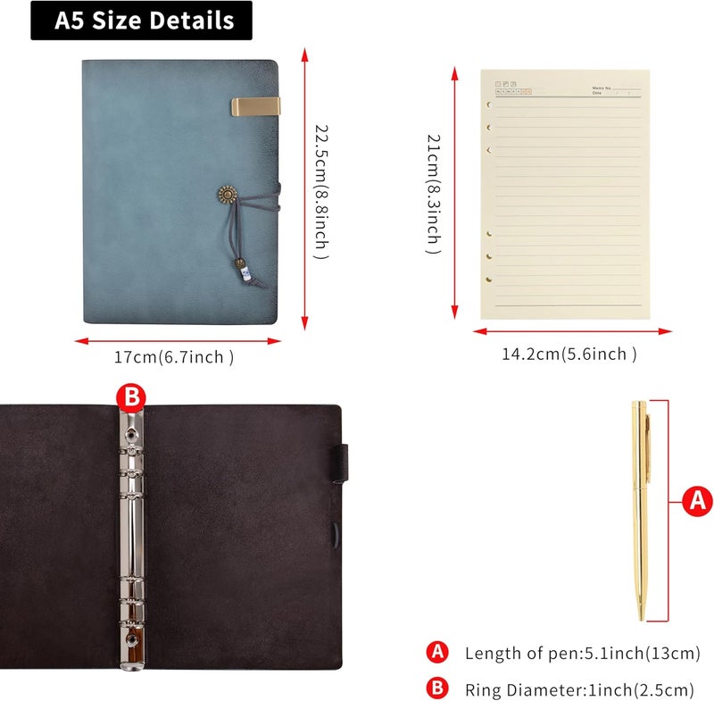 WONDERPOOL Leather Diary Notebook Ring Binder - Refillable Folder Writing Paper Spiral Business Notepads Vintage Cover for Office Plan Travel Organiser (A-Cyan, A5) - Image 5