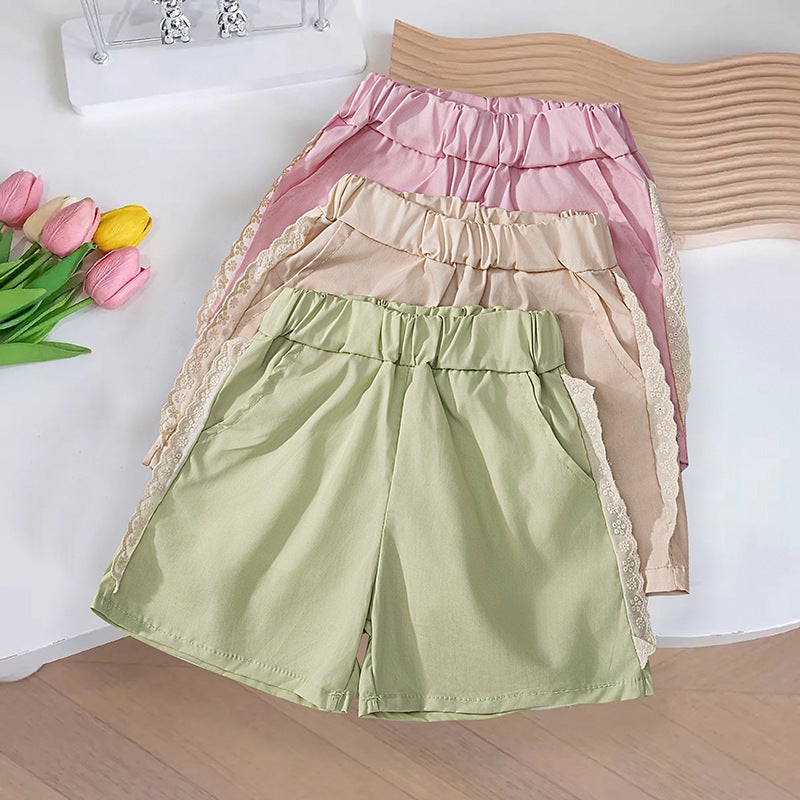 Girls' Summer Wide-Leg Pants All-Match Western-Style Shorts Pants Summer Children'S Summer Outfit Casual Lace Shorts - Image 3