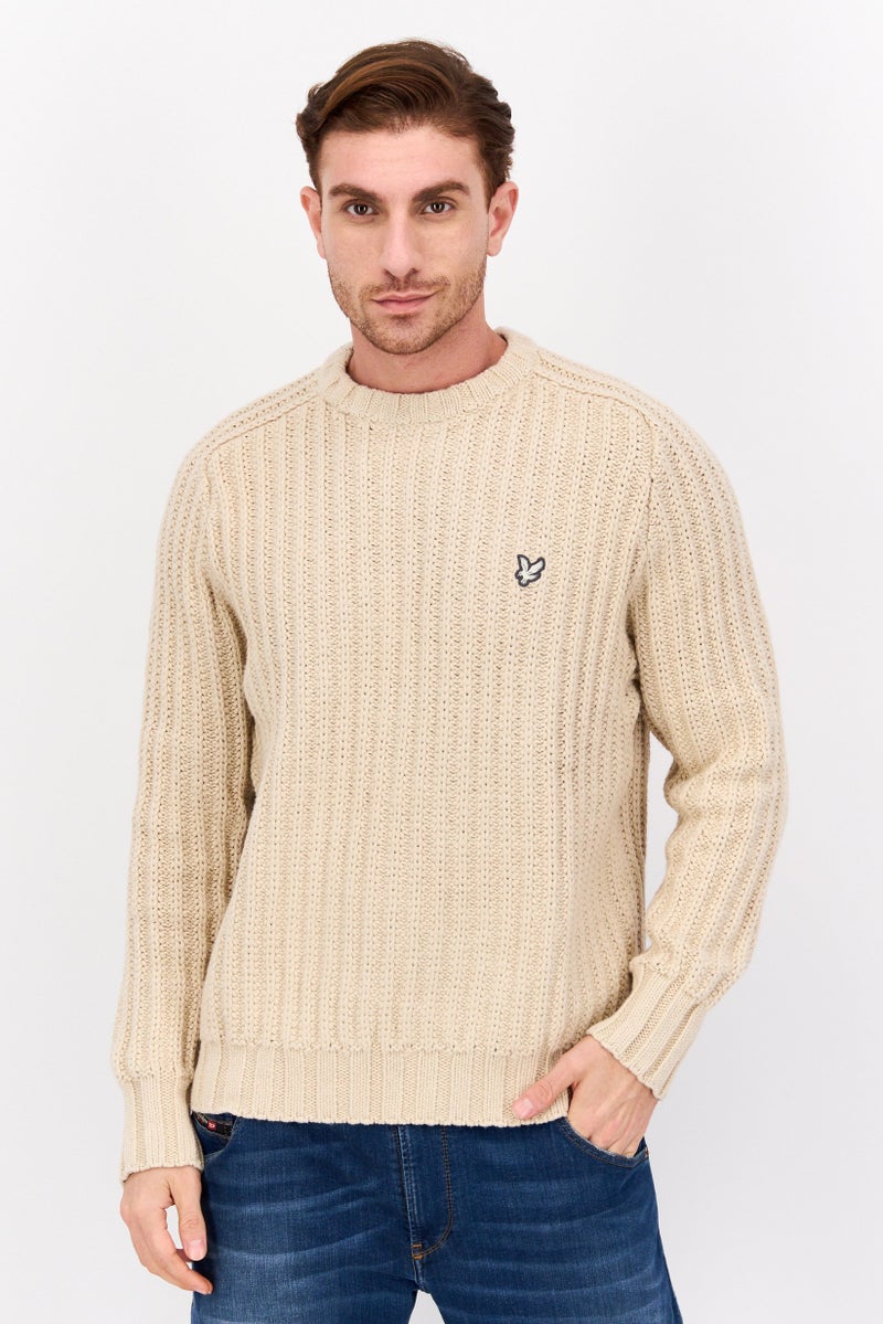 Lyle & Scott Men Crew Neck Crochet Long Sleeves Sweater, Beige - Image 1