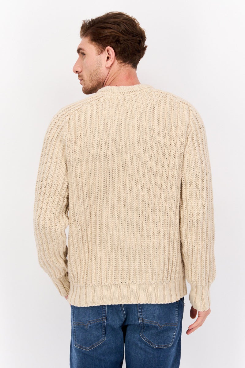 Lyle & Scott Men Crew Neck Crochet Long Sleeves Sweater, Beige - Image 3