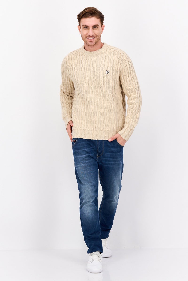 Lyle & Scott Men Crew Neck Crochet Long Sleeves Sweater, Beige - Image 4