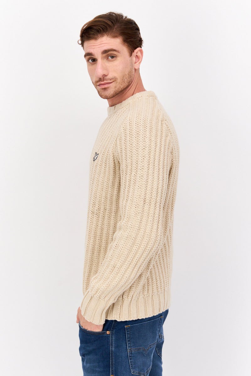 Lyle & Scott Men Crew Neck Crochet Long Sleeves Sweater, Beige - Image 2