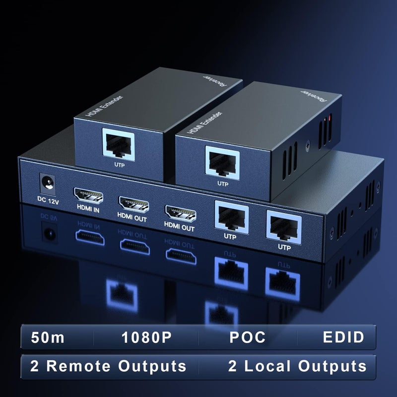 PWAYTEK موزع HDMI موسع 1x2 1080P@60Hz عبر كابل Ethernet Cat 5E/6/7 50م (165قدم) يدعم 2 HDMI خروج حلقة نسخ EDID وظيفة POC (1 في 2 خارج) - Image 2
