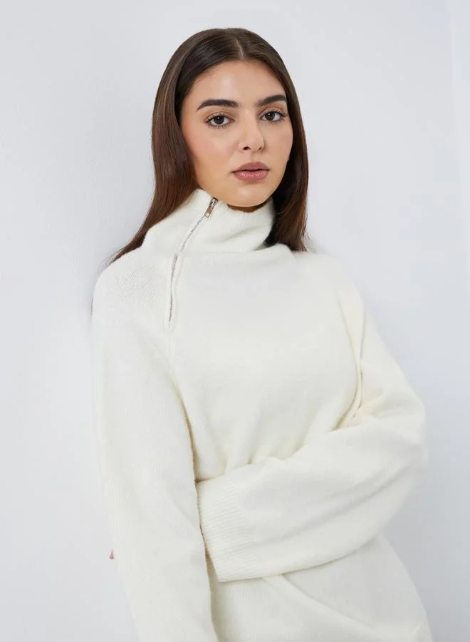 Styli Off White Regular Fit Sweater with Zip Detail