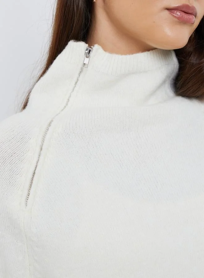 Styli Off White Regular Fit Sweater with Zip Detail