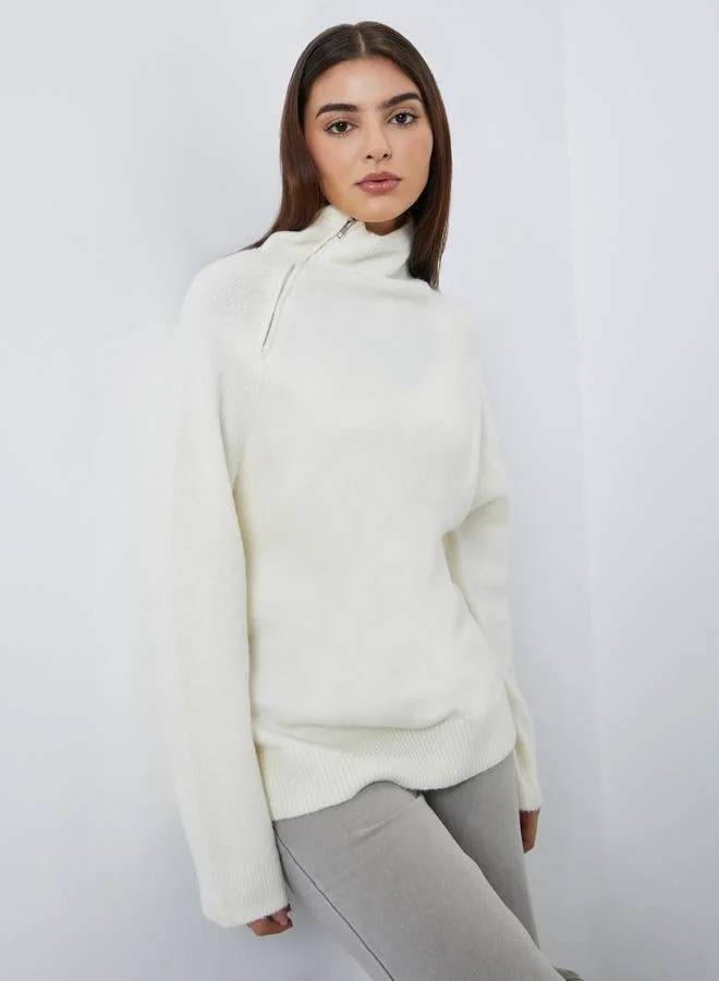 Off White Regular Fit Sweater with Zip Detail