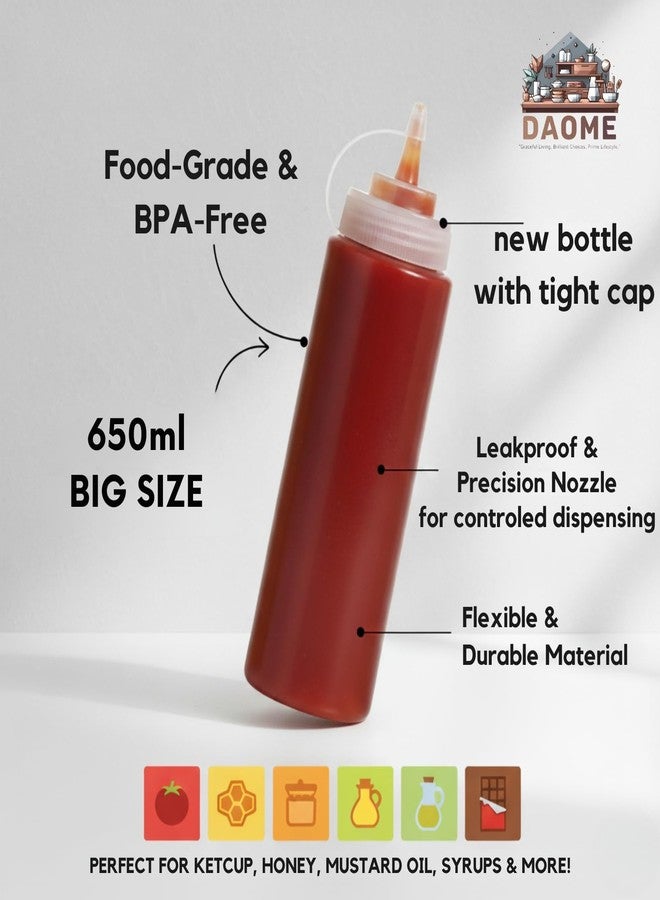 DAOME Plastic Squeeze Bottle Ketchup Mustard Honey Oil Sauce Dispenser Bottle, White, 650Ml (2Pcs) - Image 2