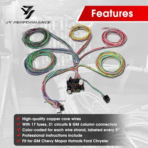 JY PERFORMANCE مجموعة أسلاك توصيل عالمية JY PERFORMANCE 21 دائرة مع أسلاك طويلة إضافية لون قياسي 17 فيوز لسيارات GM شيفروليه موپار هوت رود فورد كرايسلر - Image 2