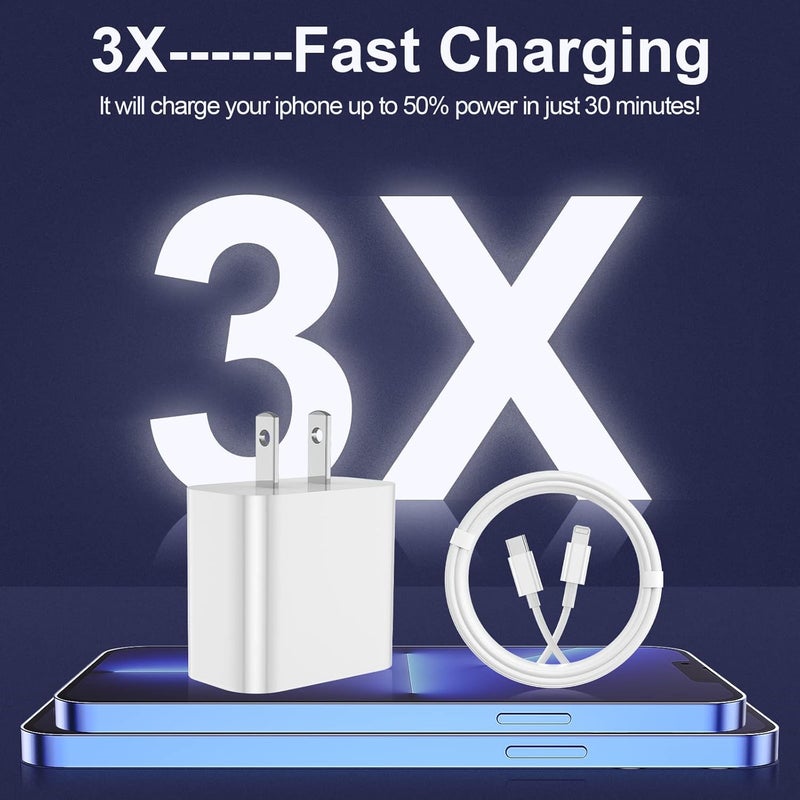 FEEL2NICE iPhone Fast Charger 6 Pack 3 pcs Apple Type C Wall Charger Block with 3 pcs 6FT Long USB C to Lightning Cable Fast Charging Cord for iPhone 14 13 12 11 Pro Max/SE 2022/ipad - Image 4
