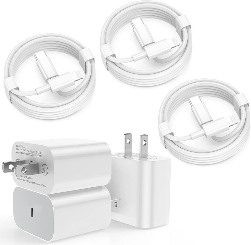 FEEL2NICE iPhone Fast Charger 6 Pack 3 pcs Apple Type C Wall Charger Block with 3 pcs 6FT Long USB C to Lightning Cable Fast Charging Cord for iPhone 14 13 12 11 Pro Max/SE 2022/ipad - Image 1