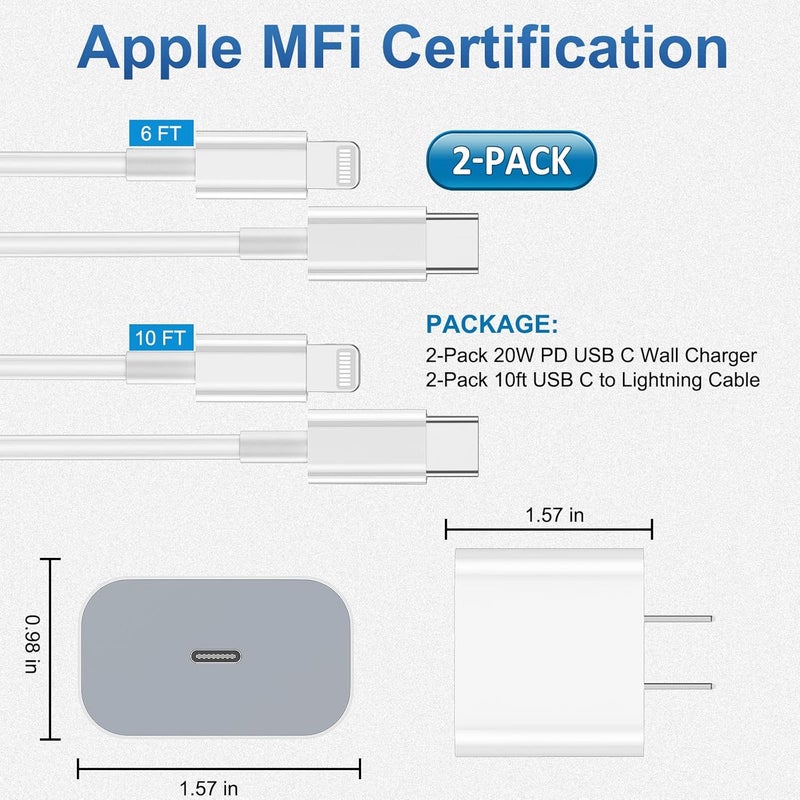 FEEL2NICE iPhone Fast Charger 6 Pack 3 pcs Apple Type C Wall Charger Block with 3 pcs 6FT Long USB C to Lightning Cable Fast Charging Cord for iPhone 14 13 12 11 Pro Max/SE 2022/ipad - Image 2