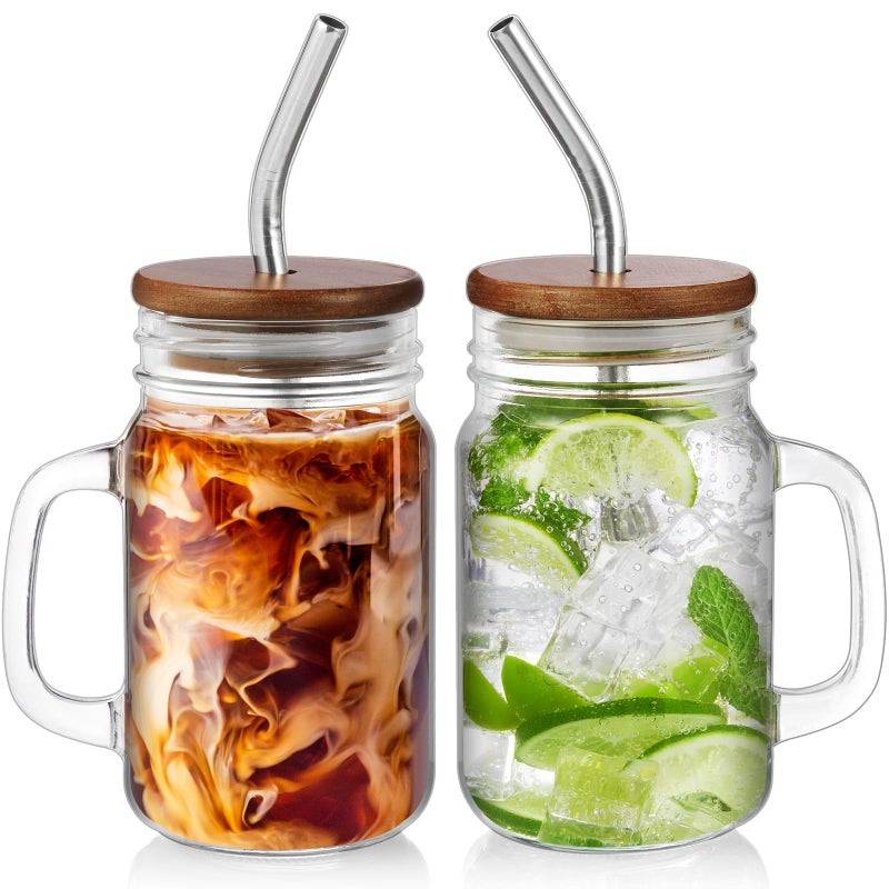 DRASTAR Iced Coffee Cup, 16 oz Mason Jar Cups with Handle, Small Glass Coffee Mugs with Straws and Acacia Lids, Drinking Glass Cups Set of 2, Smoothie, Overnight Oats Containers - Image 1