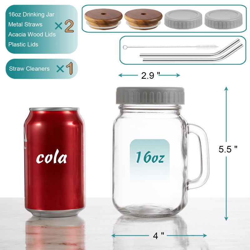 DRASTAR Iced Coffee Cup, 16 oz Mason Jar Cups with Handle, Small Glass Coffee Mugs with Straws and Acacia Lids, Drinking Glass Cups Set of 2, Smoothie, Overnight Oats Containers - Image 2
