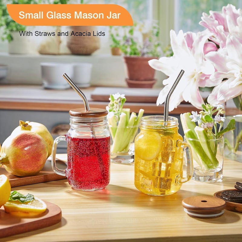 DRASTAR Iced Coffee Cup, 16 oz Mason Jar Cups with Handle, Small Glass Coffee Mugs with Straws and Acacia Lids, Drinking Glass Cups Set of 2, Smoothie, Overnight Oats Containers - Image 3