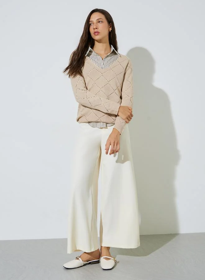 Styli Beige Pointelle Diamond Pattern Knit Top