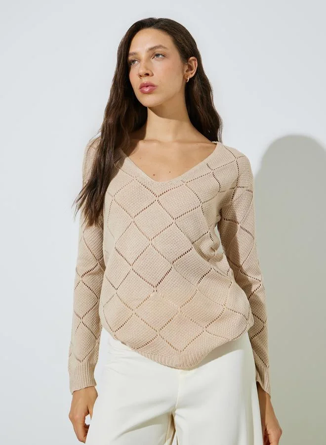 Styli Beige Pointelle Diamond Pattern Knit Top