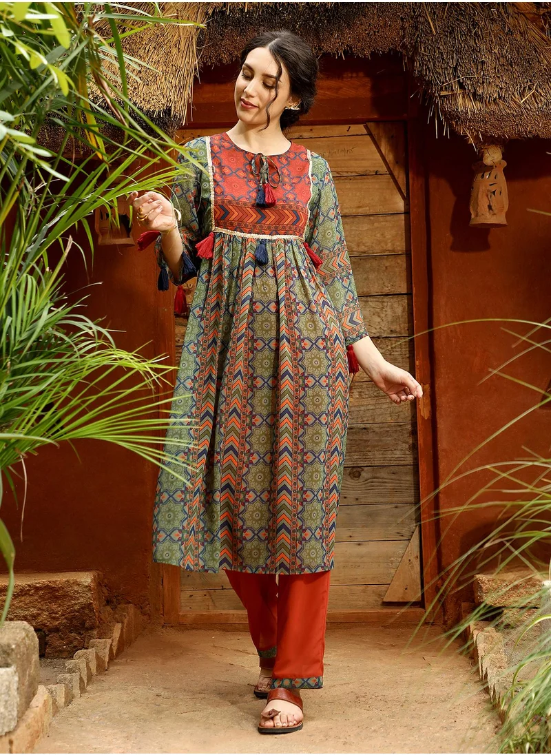 قصة Women's Olive Green Geometric Block Kurta With Trousers