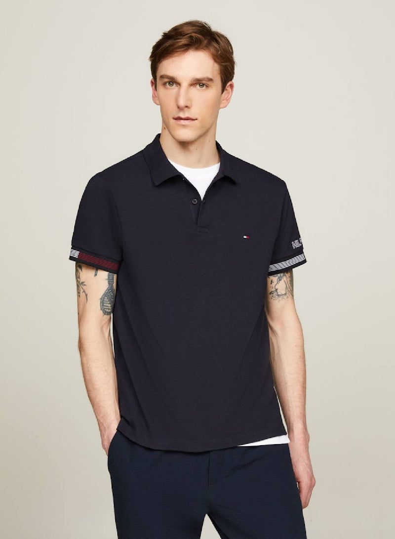 TOMMY HILFIGER Men's Slim Fit Contrast Cuff Polo -  Stretch organic cotton blend, Blue - Image 1