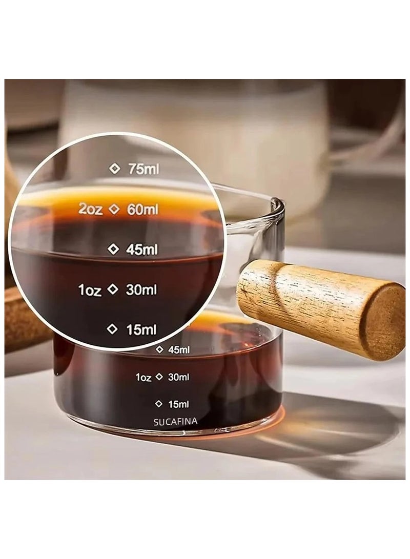 Multi-Purpose Borosilicate Measuring Cup for Coffee & Sauces – 75ml Capacity with Elegant Wooden Handle 