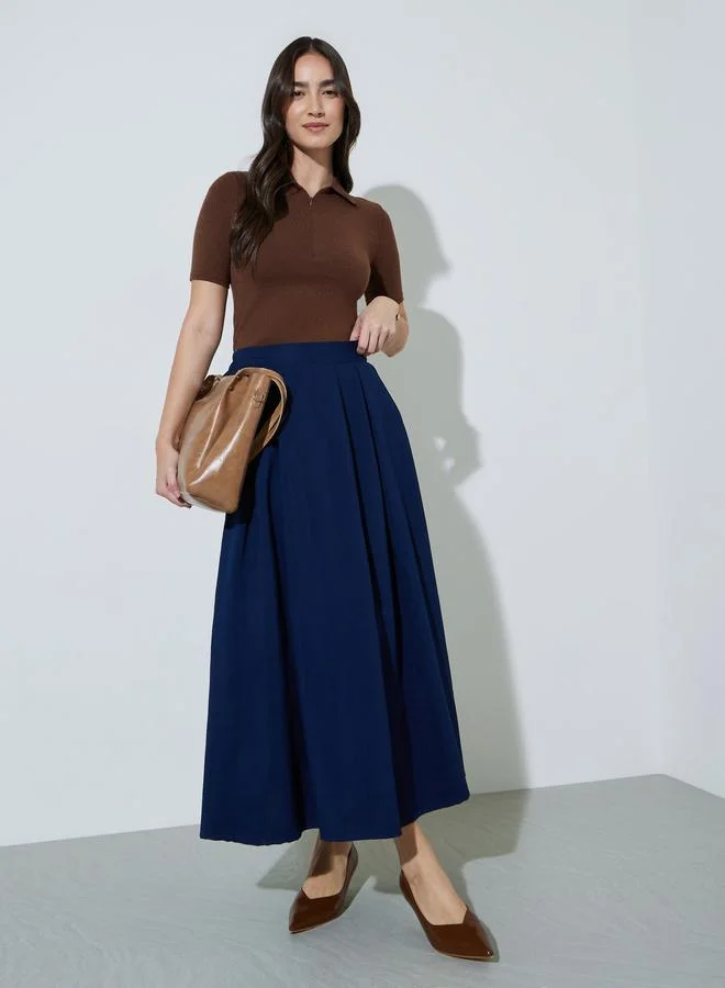 ستايلي Brown Collared Knitted Short Sleeve Top Front Zipper