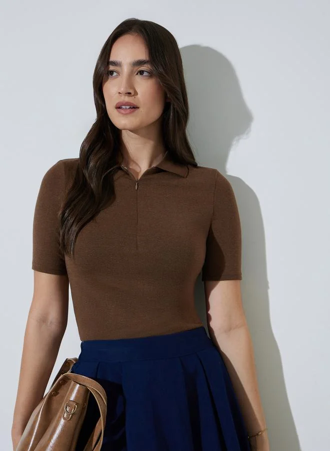 ستايلي Brown Collared Knitted Short Sleeve Top Front Zipper