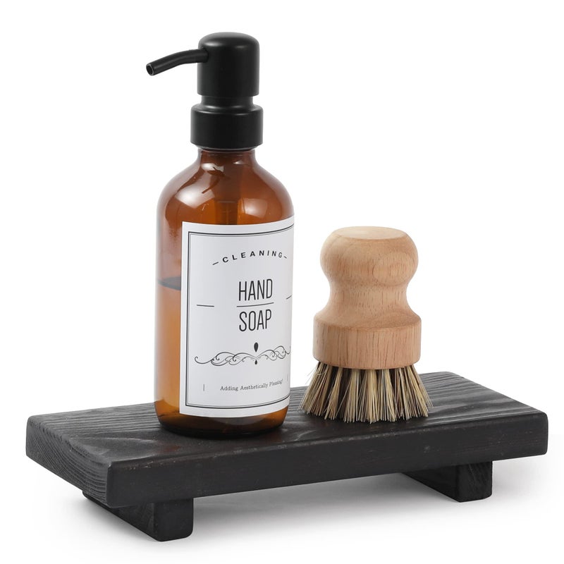 Wood Pedestal Soap Stand Farmhouse Wood Riser Soap Dish Holder Decor for Bathroom Kitchen Soap Tray Rustic Candle Plant Holder Counter Decor Display Rectangular Decorative Ebony