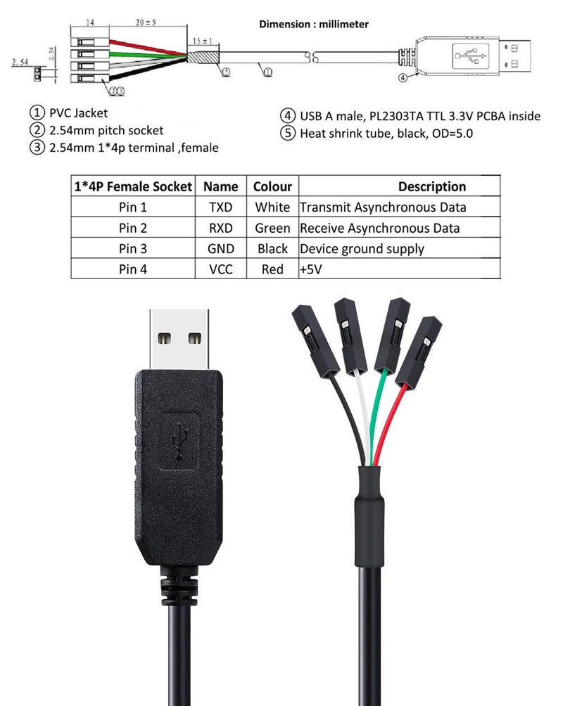 D-tech USB to TTL Serial 3.3V Adapter Cable TX RX Signal 4 Pin 0.1 inch Pitch Female Socket PL2303 Prolific Chip Windows 10 8 7 XP Vista -1.8M - Image 3