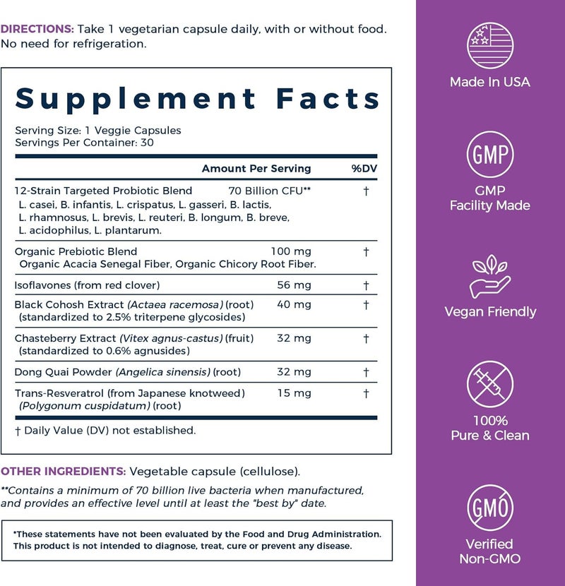 NewRhythm Menopause Probiotics for Women 7in1 Relief Prebiotics Black Cohosh TransResveratrol Chasteberry Red Clover Dong Quai Hot Flashes Night Sweats No Soy No Estrogen 30 Ct - Image 2