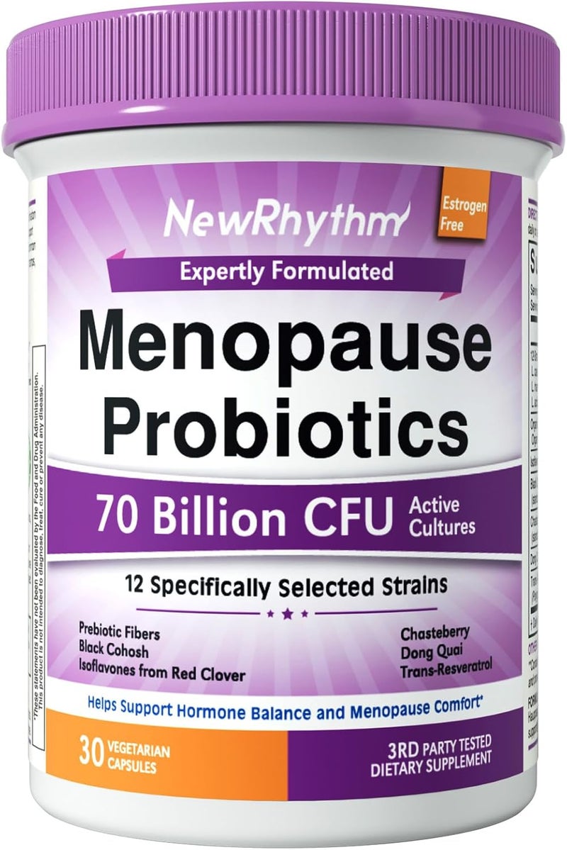 NewRhythm Menopause Probiotics for Women 7in1 Relief Prebiotics Black Cohosh TransResveratrol Chasteberry Red Clover Dong Quai Hot Flashes Night Sweats No Soy No Estrogen 30 Ct - Image 1