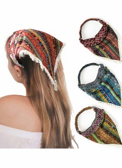 Hair Bandanas, Head Kerchief, Elastic Hair Scarves, Headband with Fringe Trim Ethnic, Bandana Headband Hair Kerchief with 2 Clips, 3Pcs