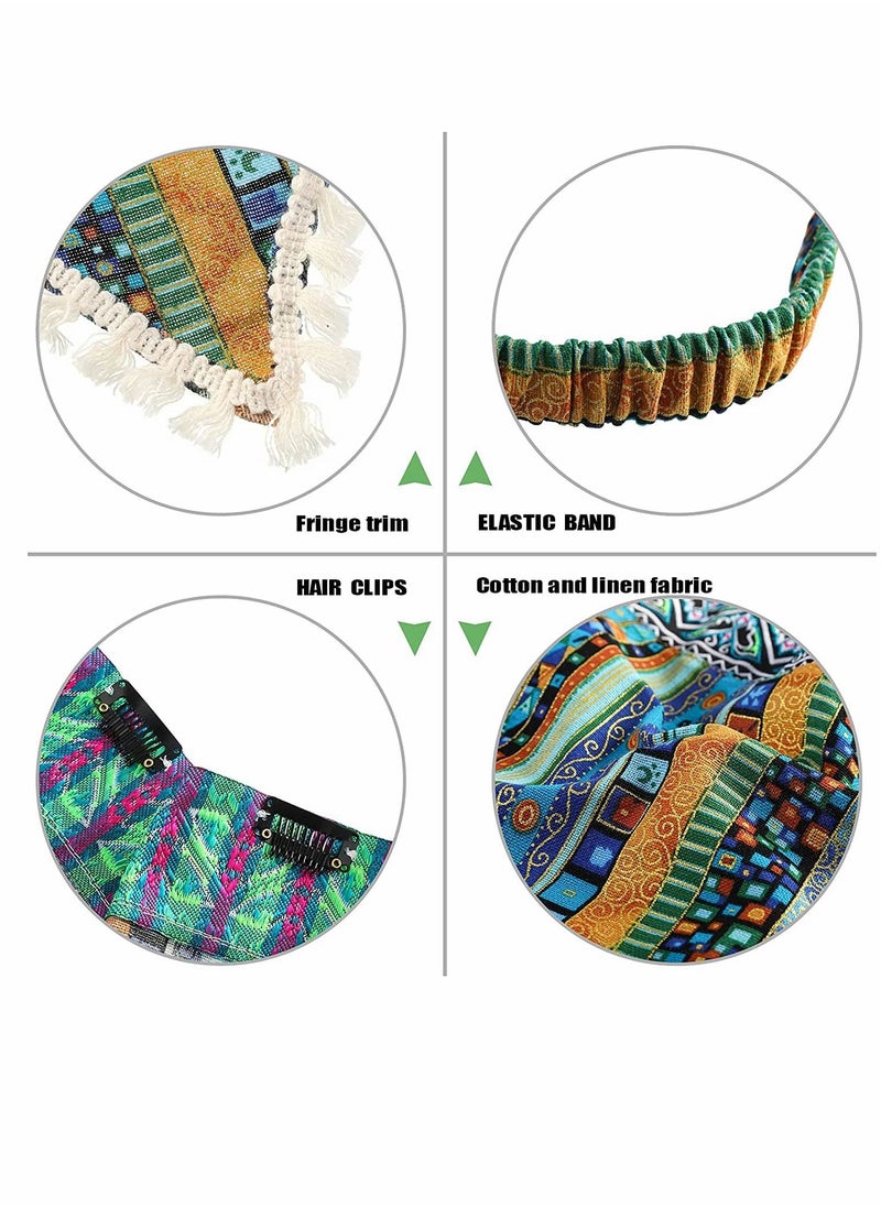 Generic - Hair Bandanas, Head Kerchief, Elastic Hair Scarves, Headband with Fringe Trim Ethnic, Bandana Headband Hair Kerchief with 2 Clips, 3Pcs - Image 1