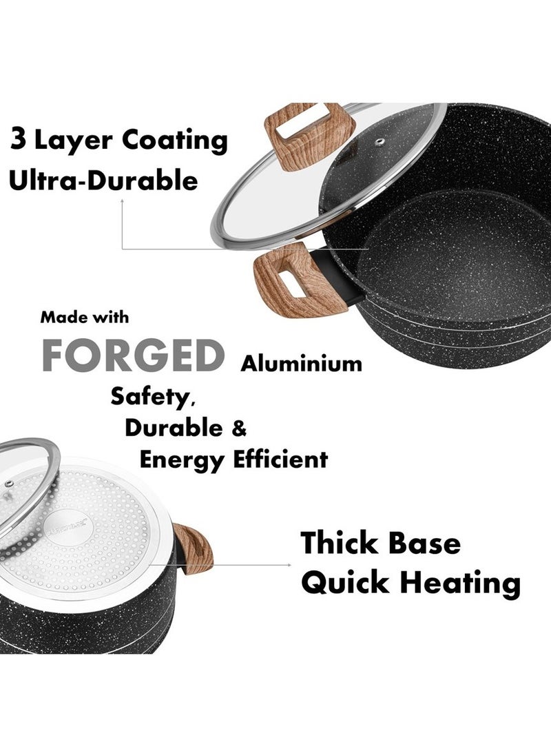 Auroware - Auroware Non Stick 24cm Casserole with Glass Lid Black Forged Aluminium Dishwasher safe Durable and Strong Wooden Finish Handle - Image 1