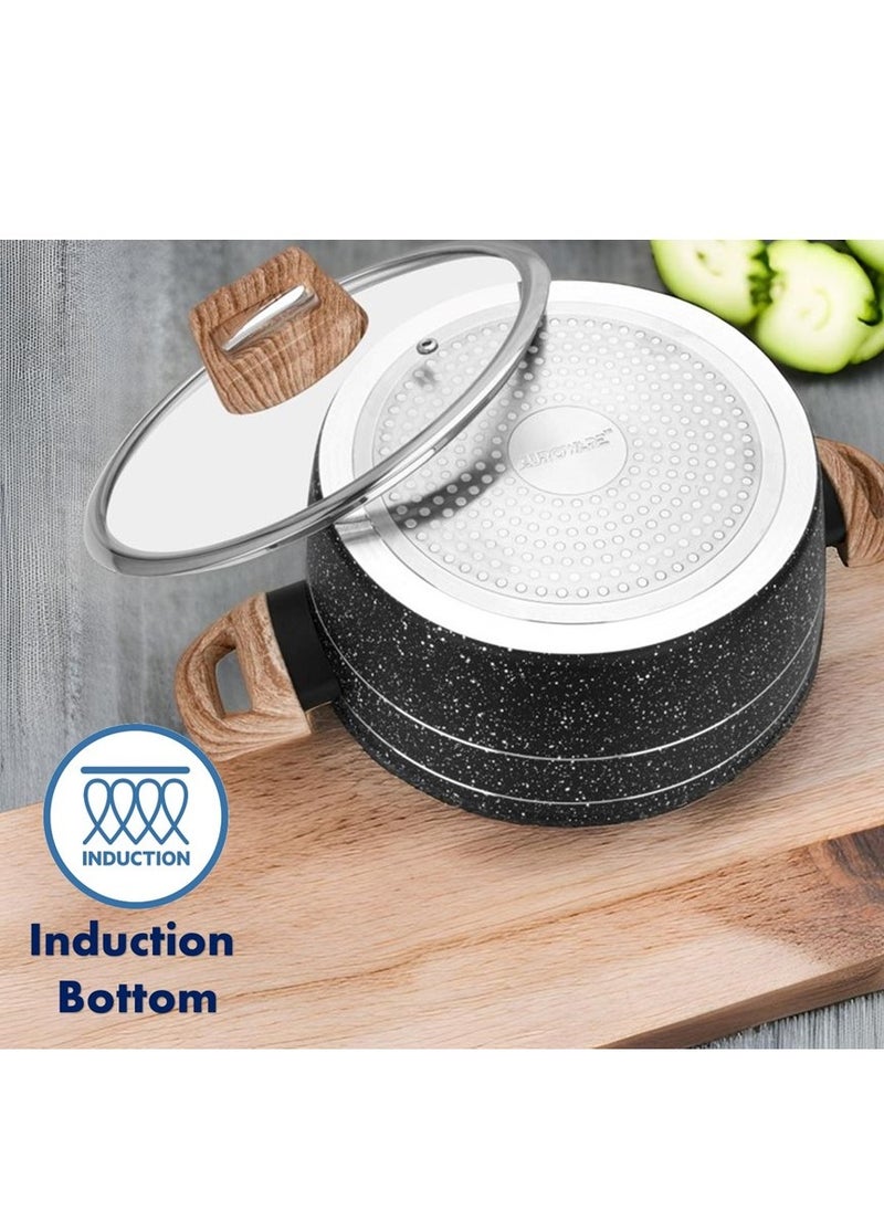 Auroware - Auroware Non Stick 24cm Casserole with Glass Lid Black Forged Aluminium Dishwasher safe Durable and Strong Wooden Finish Handle - Image 1