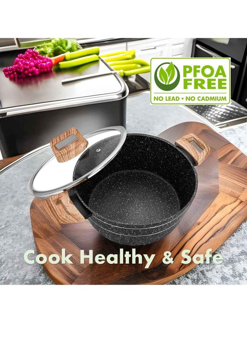 Auroware - Auroware Non Stick 24cm Casserole with Glass Lid Black Forged Aluminium Dishwasher safe Durable and Strong Wooden Finish Handle - Image 1