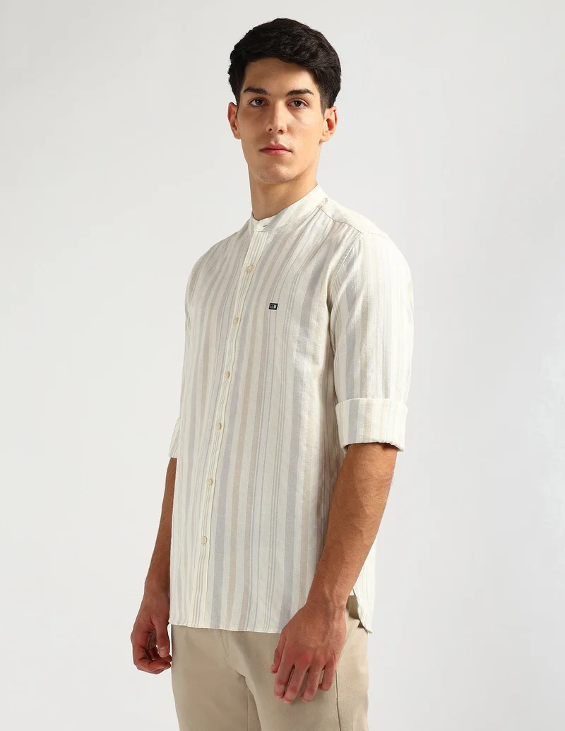 Arrow Beige Vertical Striped Mandarin Shirt for Men | Best Price UAE