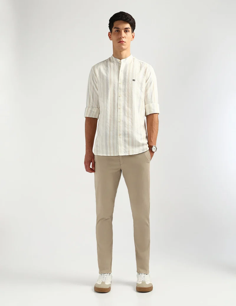 Arrow Beige Vertical Striped Mandarin Shirt for Men | Best Price UAE
